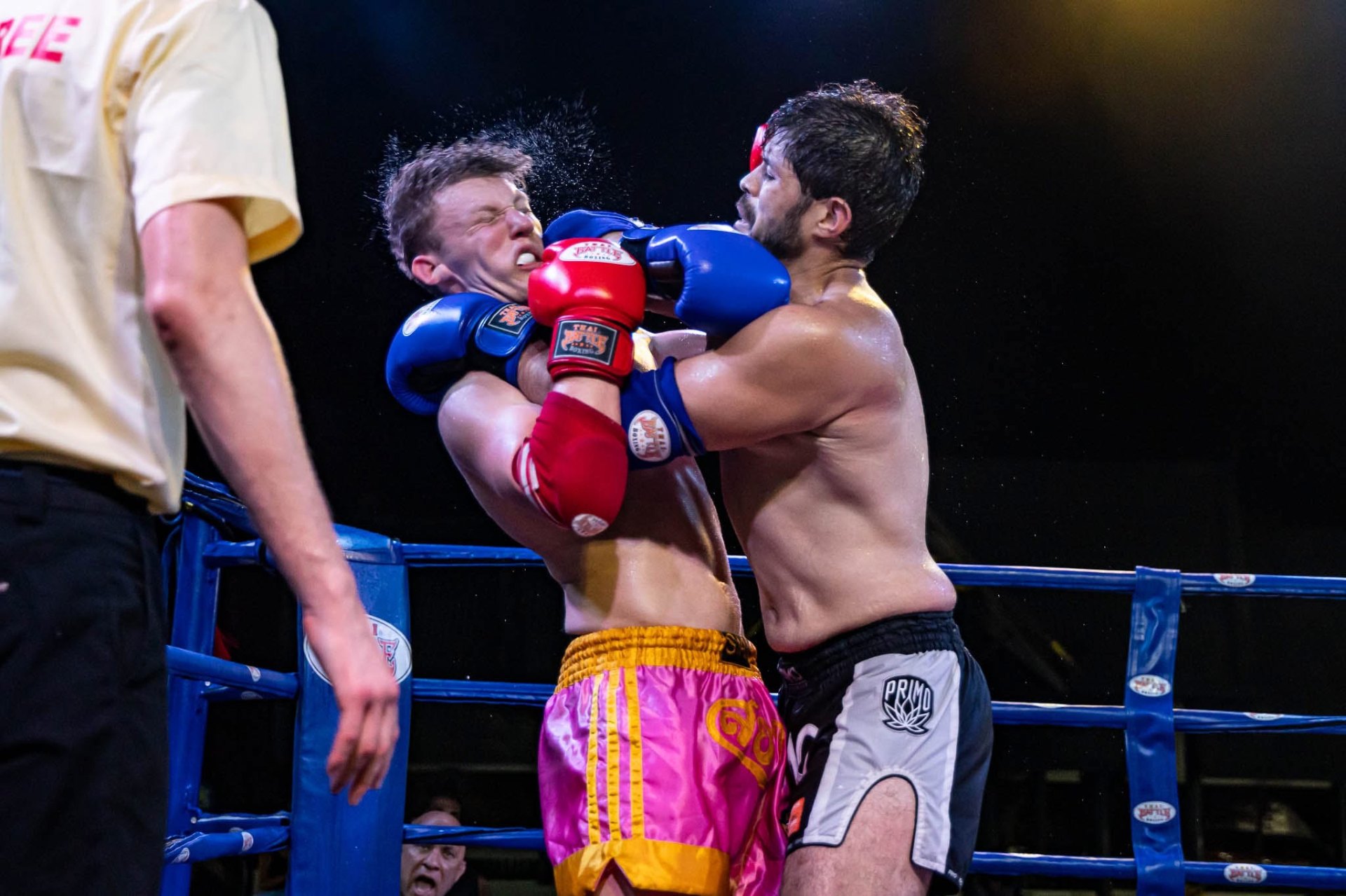 WMO USA athlete landing a flying knee in Thailand competition
