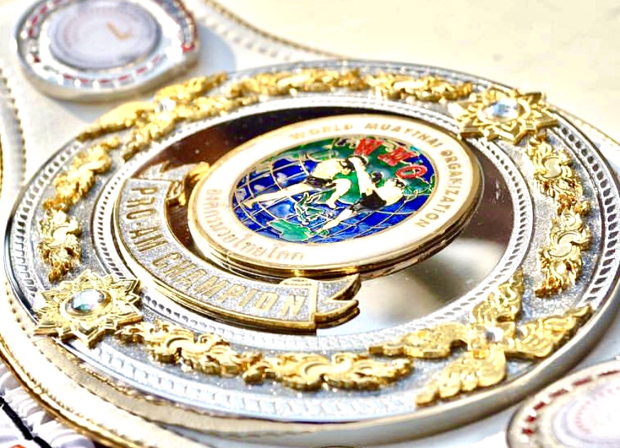 Close-up detail of a WMO championship belt